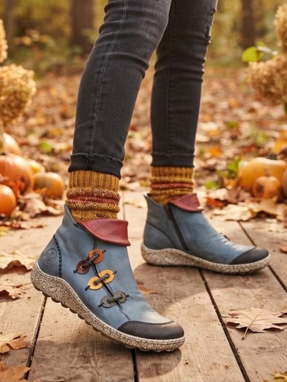 Rieker Blue Leather Ankle Boots EU 39 Colorblock Side Zip Comfort Shoes